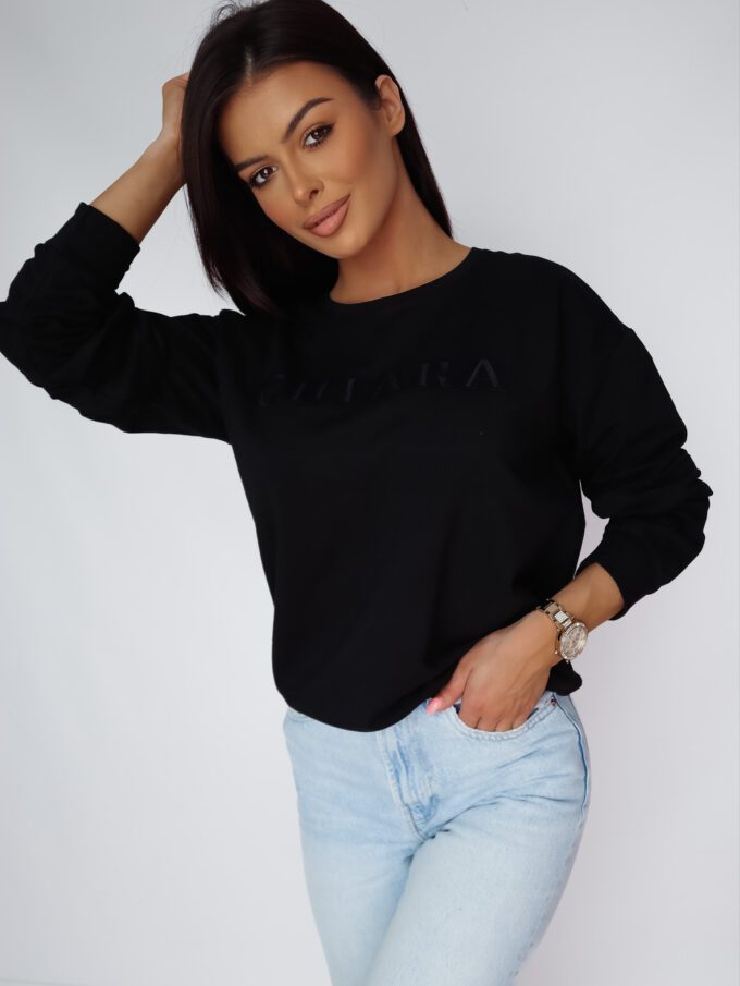 Bluza bawełniana z wyszywanym napisem - CZARNY