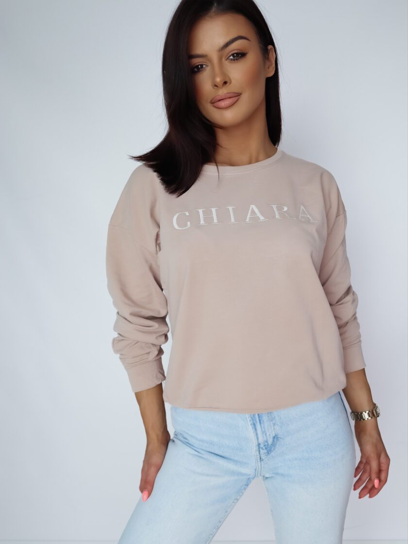 Bluza bawełniana z wyszywanym napisem - BEŻOWY