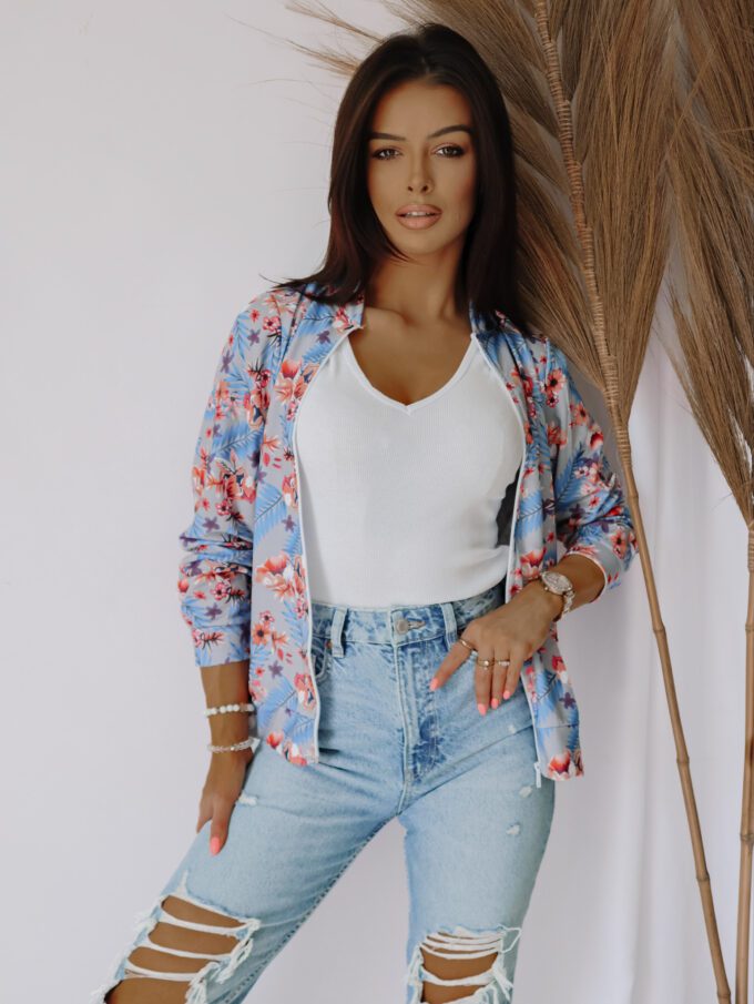 Bluza na suwak w KWIATY - SZARY