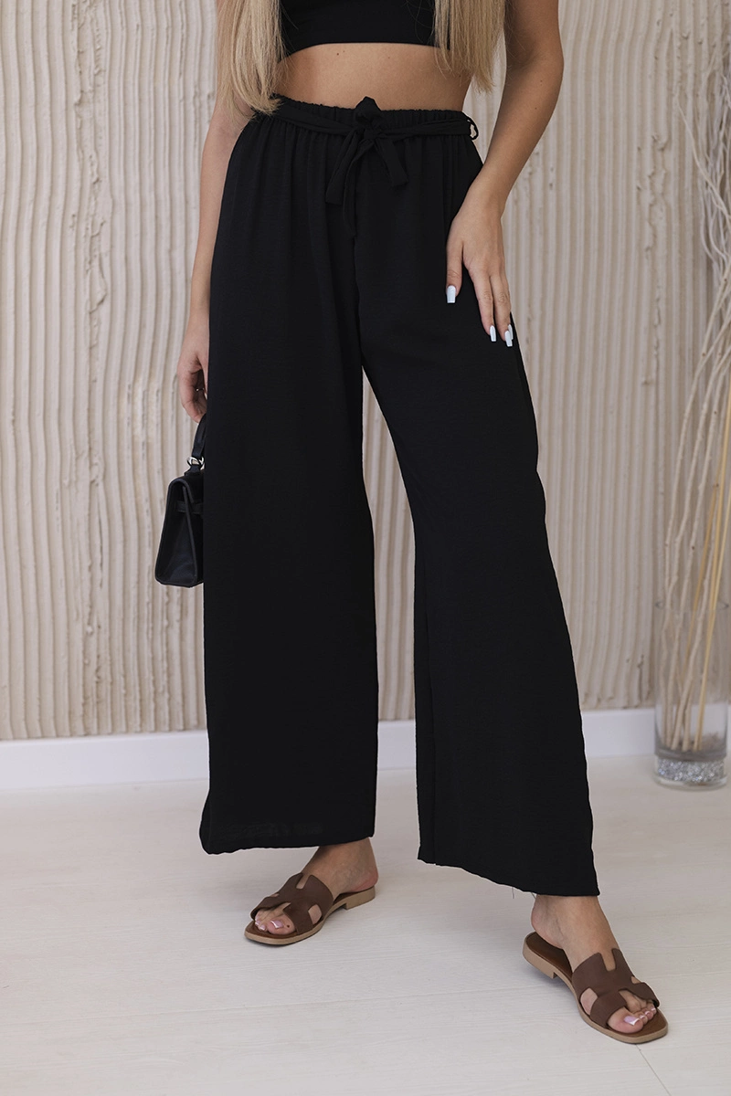 Spodnie z szeroką i wiązaniem w pasie czarne - obrazek 2
