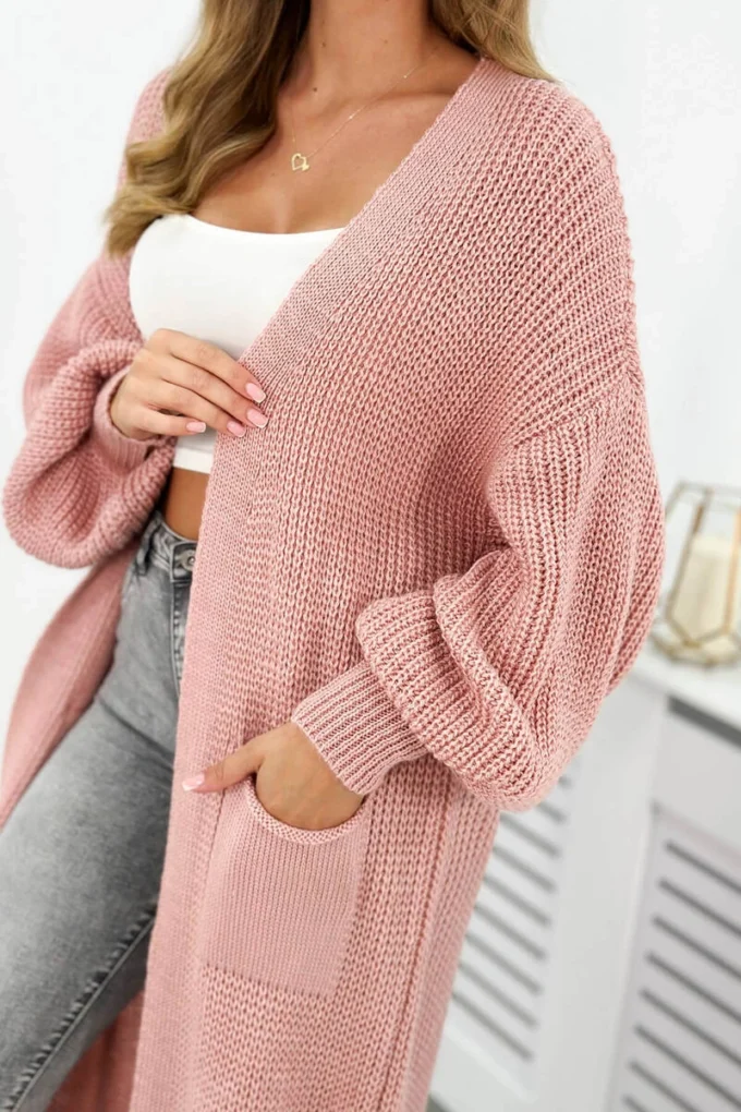 Sweter długi kardigan pudrowy róż