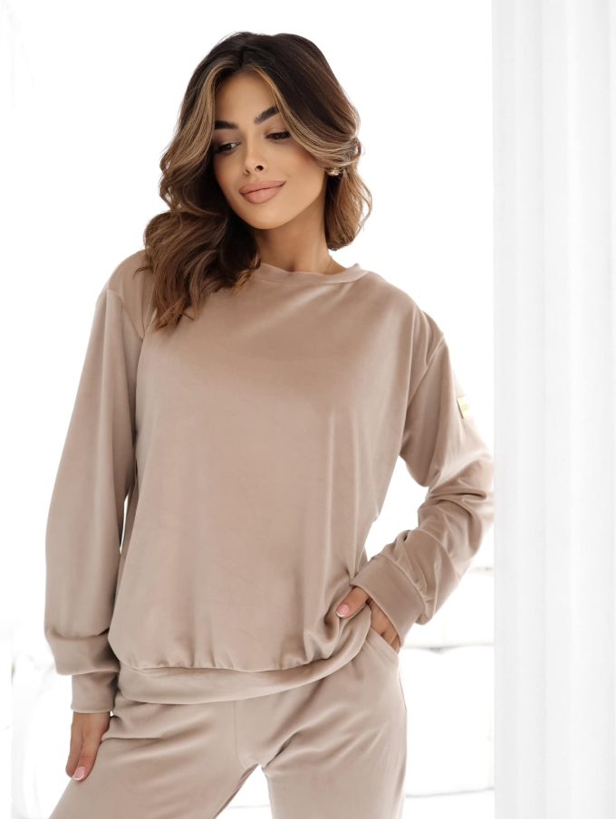 Komplet welurowy bluza + spodnie beżowy