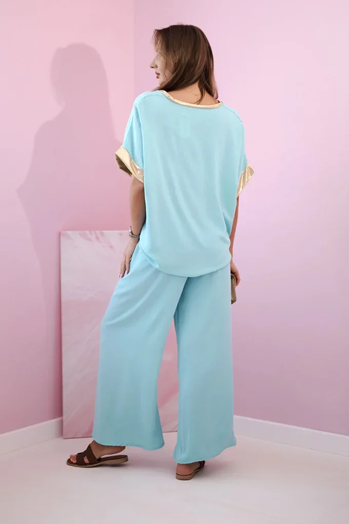 Komplet z wiskozy ze złotym obszyciem jasno miętowy