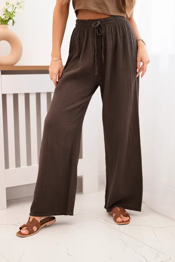 Spodnie muślinowe z szeroką nogawką brązowa