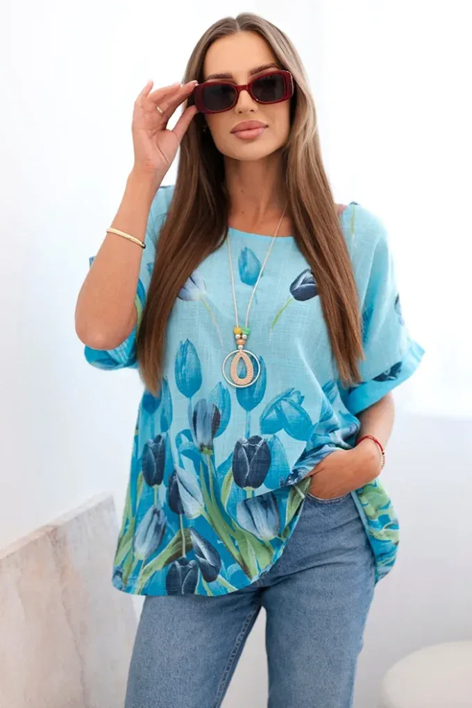 Koszula damska bawełniana z kwiatowym wzorem błękitny