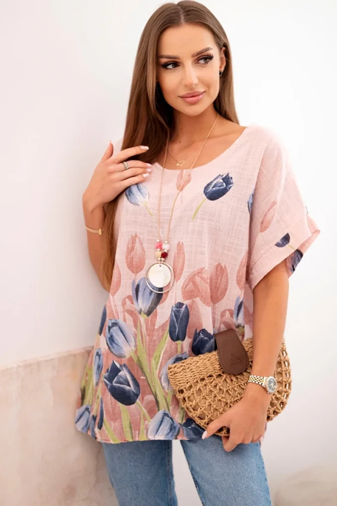 Koszula damska bawełniana z kwiatowym wzorem pudrowy róż