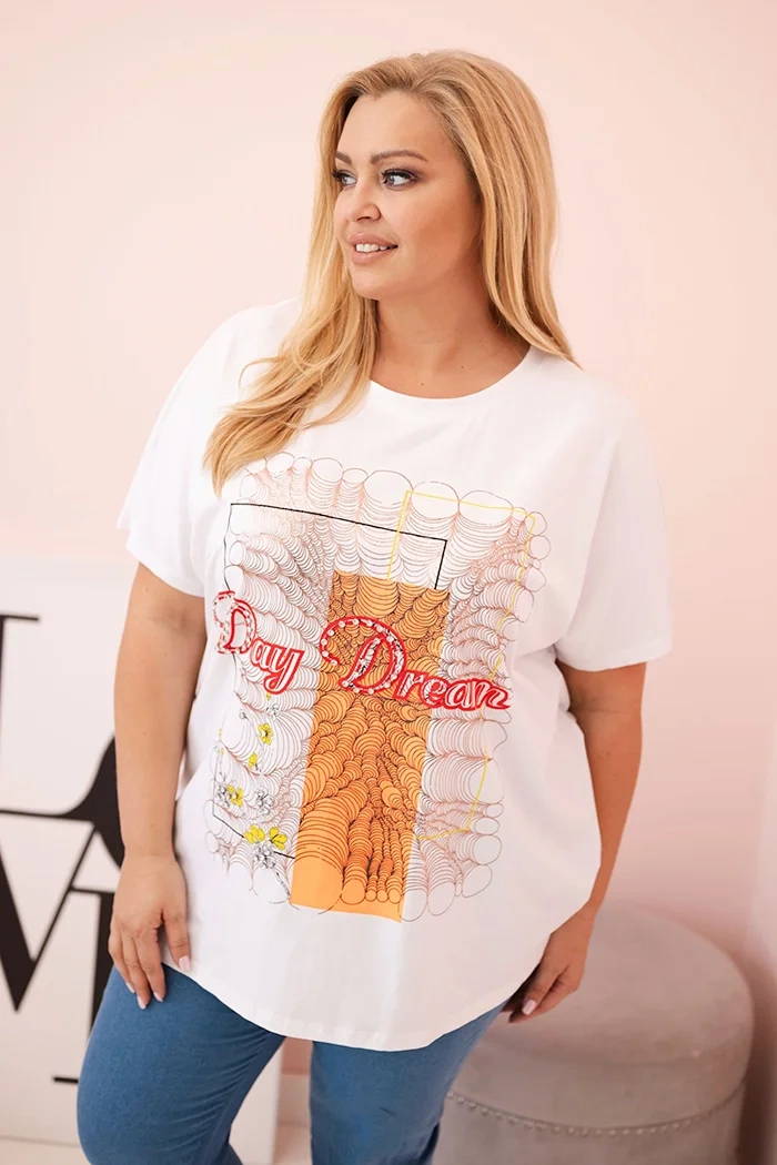 Bluzka damska bawełniana Plus Size z nadrukiem Day Dream biały + pomarańczowy