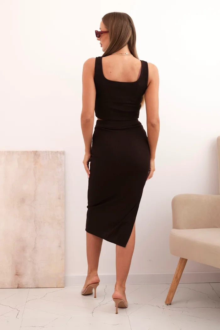 Komplet damska top i spódnica prążkowana brązowy - obrazek 3