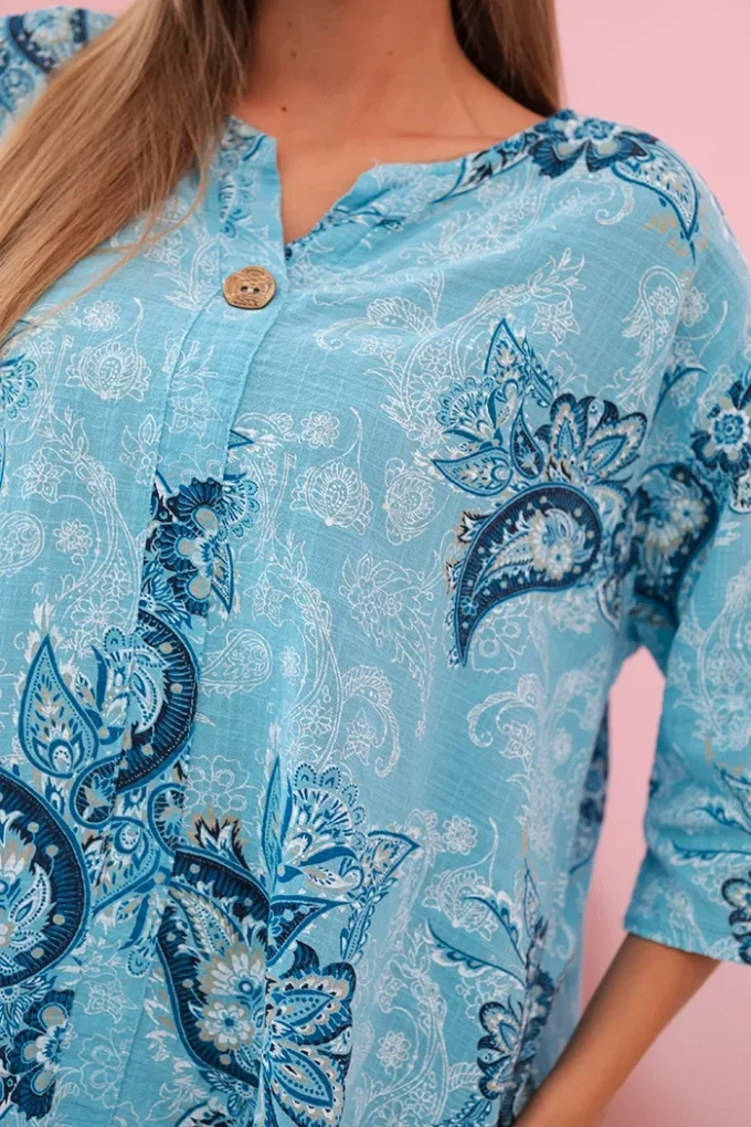 Bluzka damska bawełniana z podwijanym rękawem i wzorem paisley turkusowa