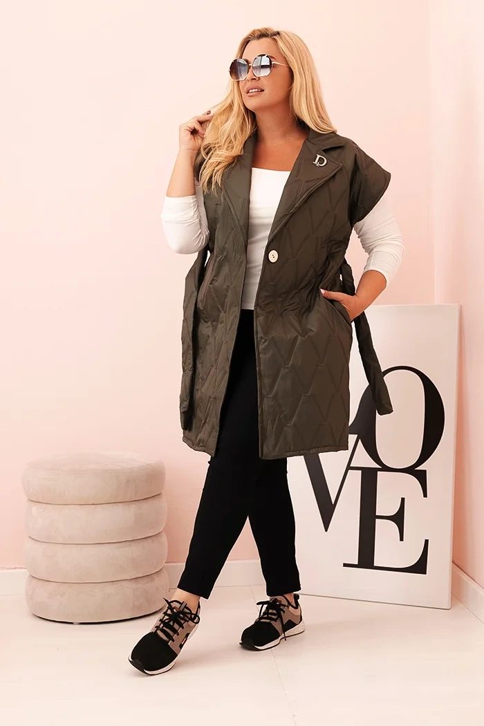 Kamizelka damska Plus Size pikowana z paskiem i kołnierzem khaki - obrazek 2