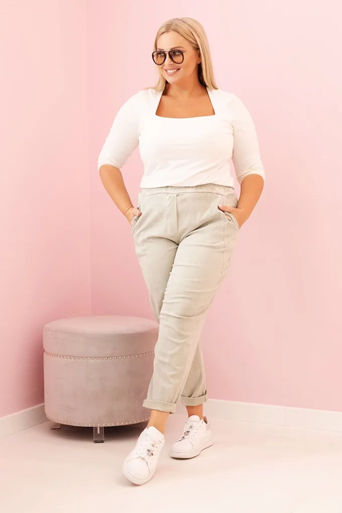 Spodnie damskie dekatyzowane Plus Size z wiskozą i gumką jasne khaki