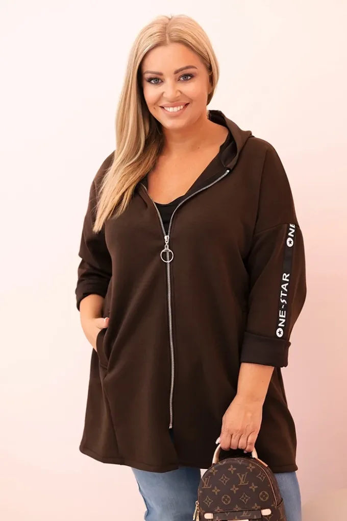 Bluza damska Plus Size z wiskozą rozpinana z kapturem brązowa
