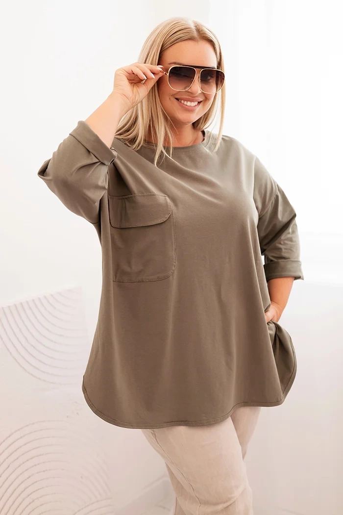 Bluzka damska Plus Size z bawełną z kieszenią i rękawem podwijanym khaki