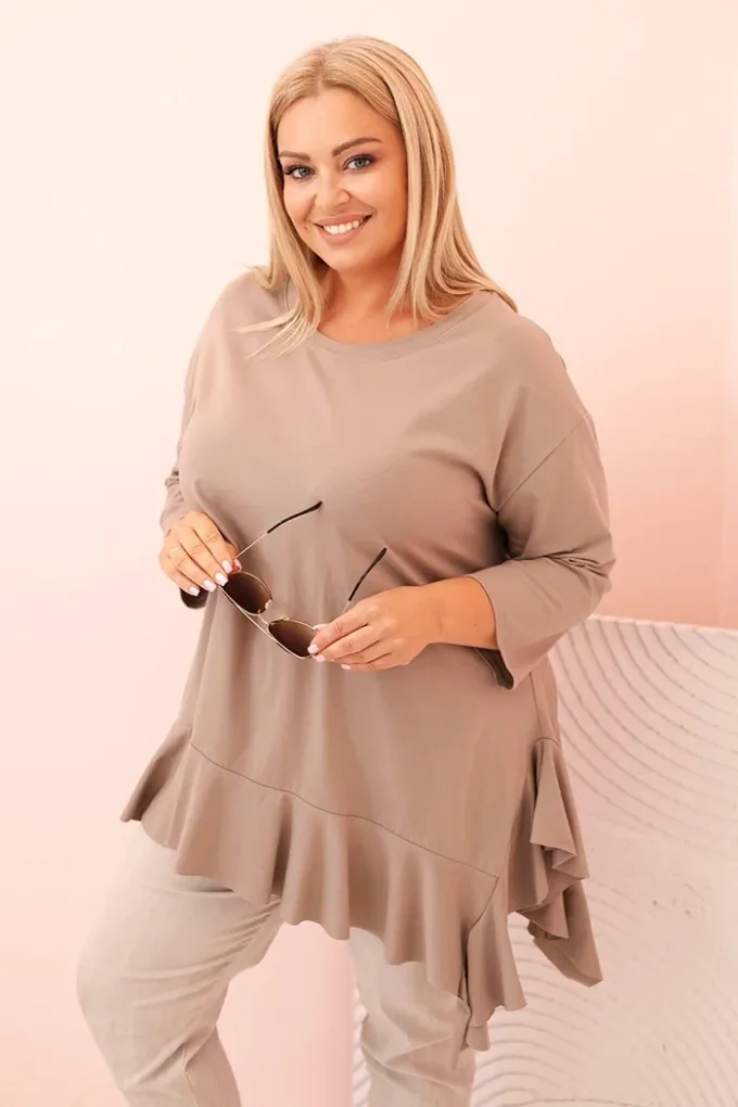 Bluzka damska Plus Size z bawełną z falbaną i rękawem podwijanym fango