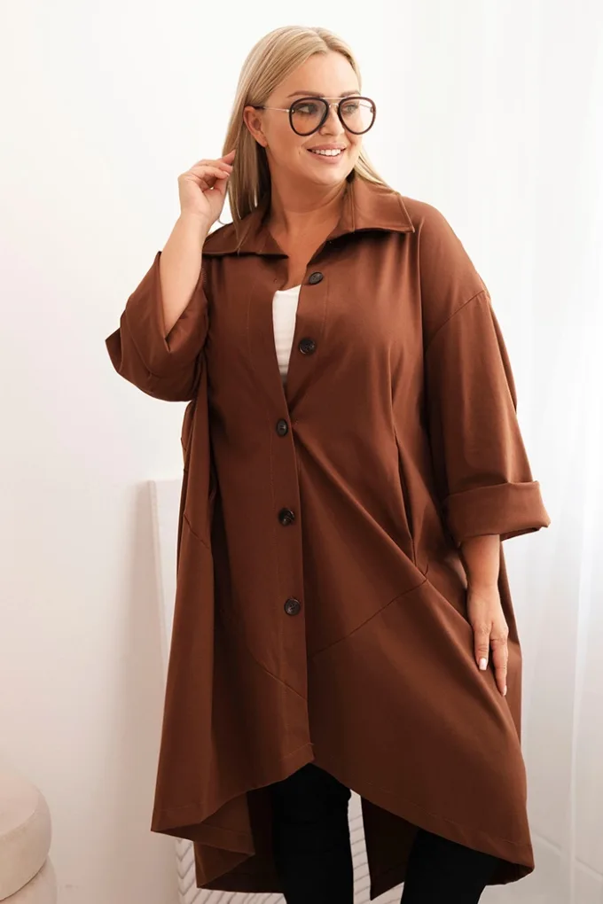 Narzutka damska Plus Size Punto z bawełną i guzikami czekoladowa