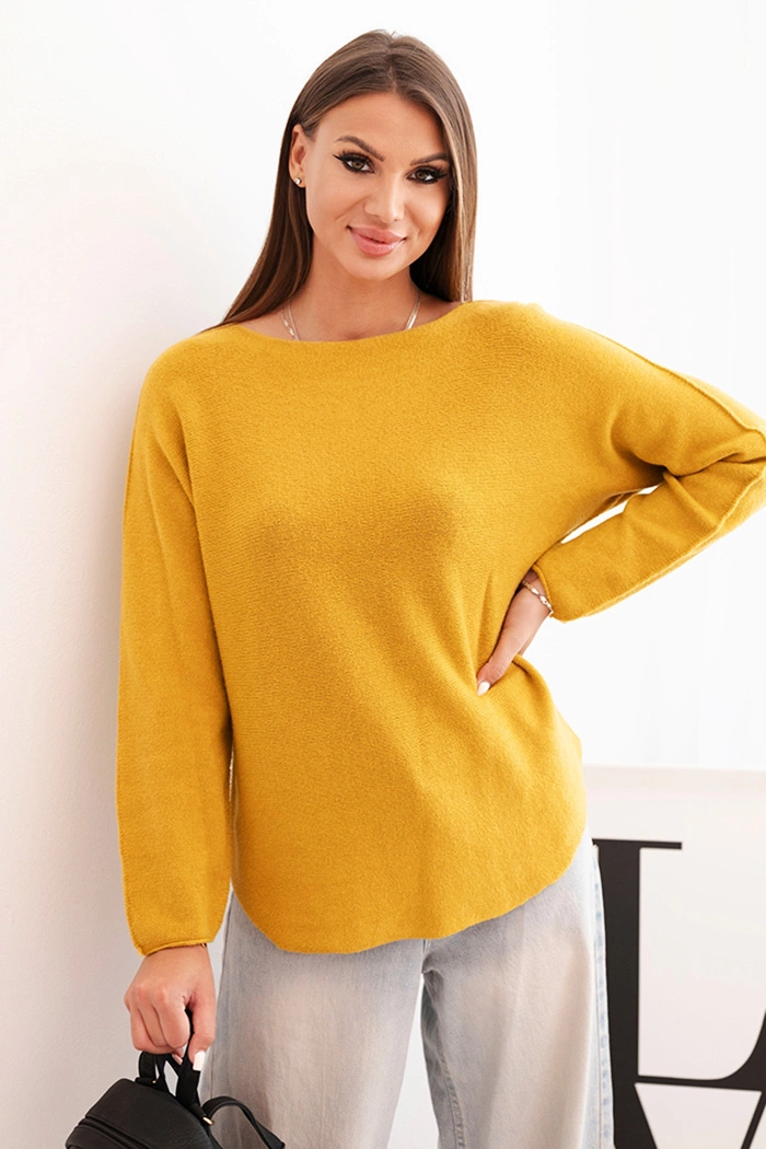 Sweterek damska z wiskozy z długim rękawem i okrągłym dekoltem musztardowy