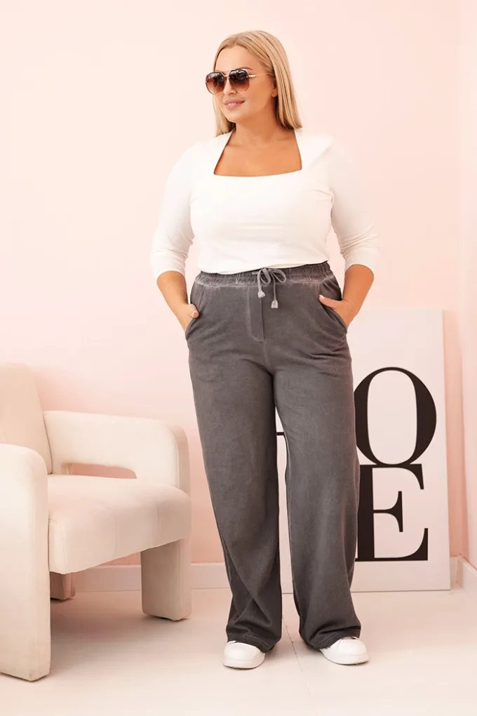 Spodnie damskie Plus Size z wiskozą o szerokiej nogawce i elastycznym pasie grafitowe
