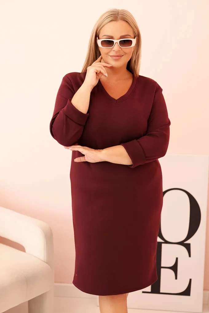 Sukienka damska Plus Size masełkowa z dekoltem V i rękawem bordowa