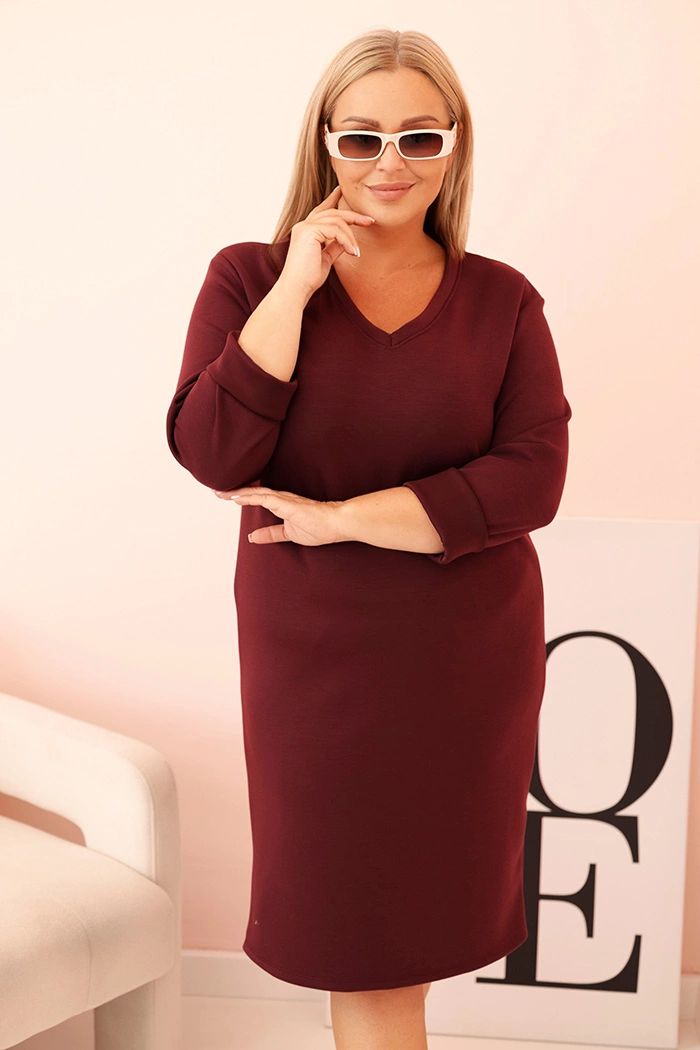 Sukienka damska Plus Size masełkowa z dekoltem V i rękawem bordowa