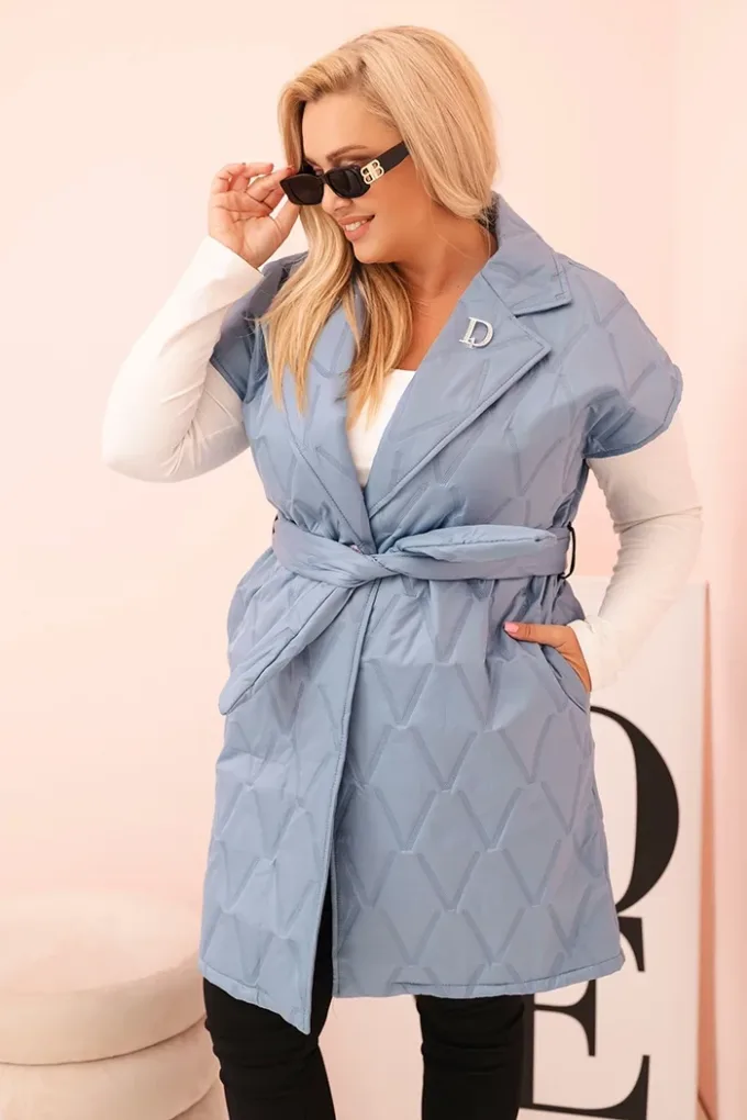 Kamizelka damska Plus Size pikowana z paskiem i kołnierzem ciemno jeansowa