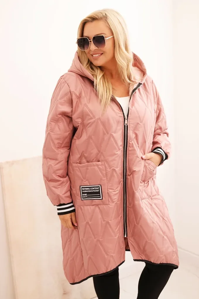Kurtka damska Plus Size pikowana z kapturem i sportowymi mankietami ciemny pudrowy róż
