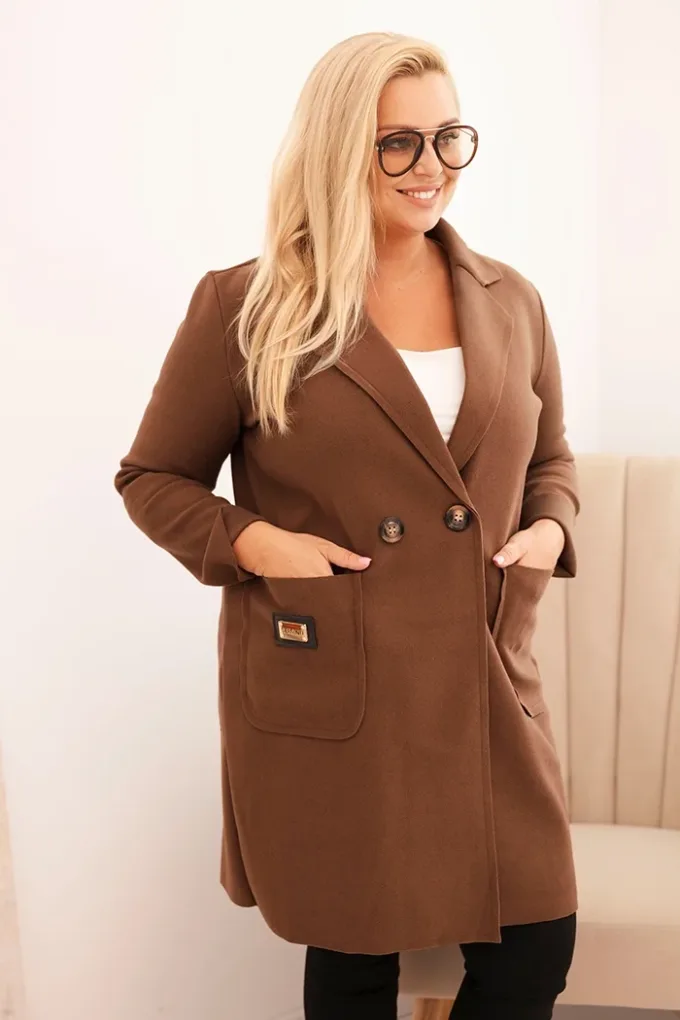 Płaszcz damski elegancki Plus Size z kołnierzem i dużymi kieszeniami fango