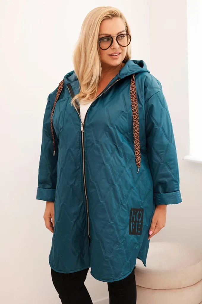 Kurtka damska Plus Size pikowana z kapturem i napisem HOPE morska
