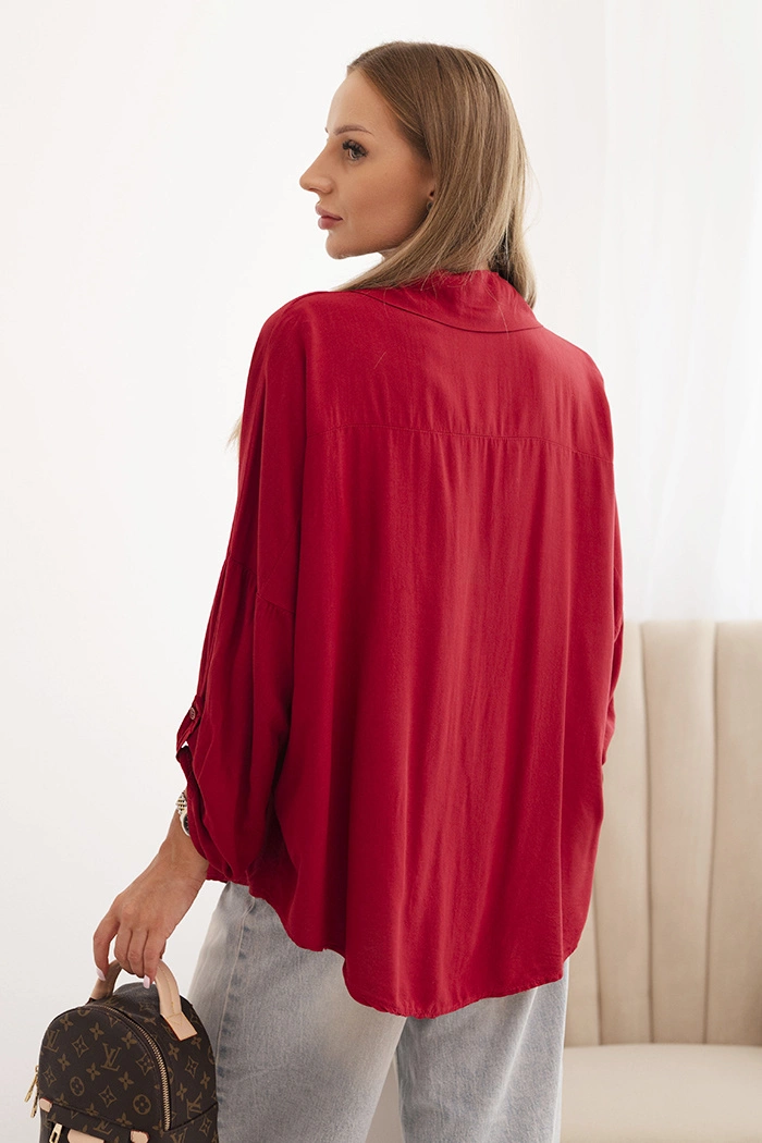 Koszula damska z wiskozą z ozdobnymi guzikami i kołnierzem bordowa - obrazek 2