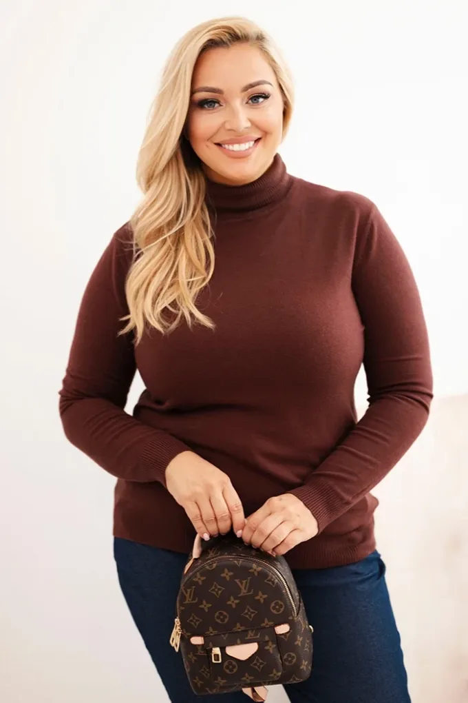 Sweter damski wiskozowy Plus Size z golfem o klasycznym kroju brązowy