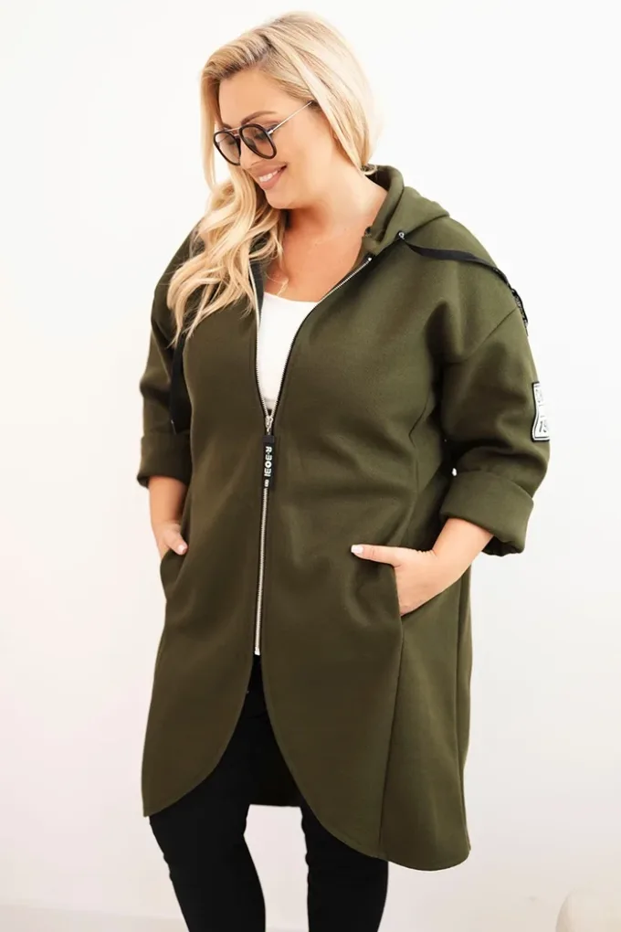 Płaszcz damski Plus Size z zamszu rozpinany z kapturem khaki
