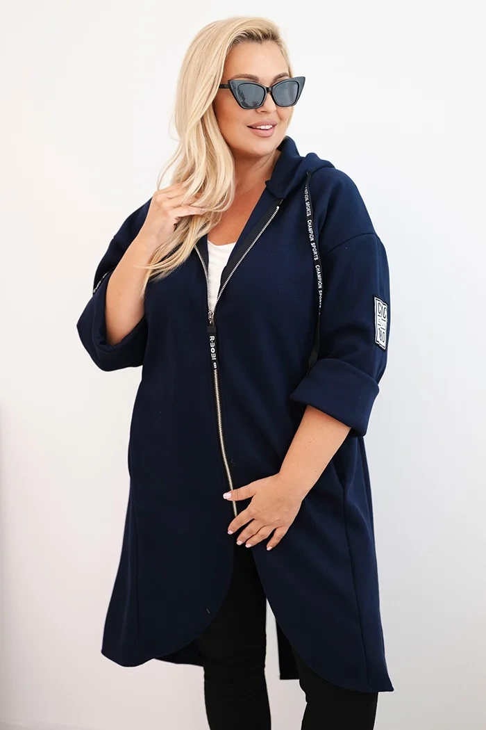 Płaszcz damski Plus Size z zamszu rozpinany z kapturem granatowy