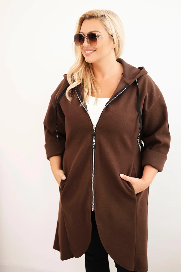 Płaszcz damski Plus Size z zamszu rozpinany z kapturem brązowy