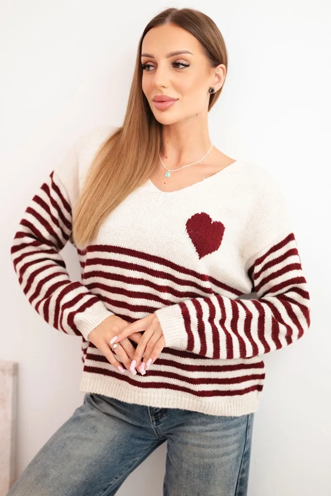 Sweter damski w paski z sercem z moherem i dekoltem V bordowy