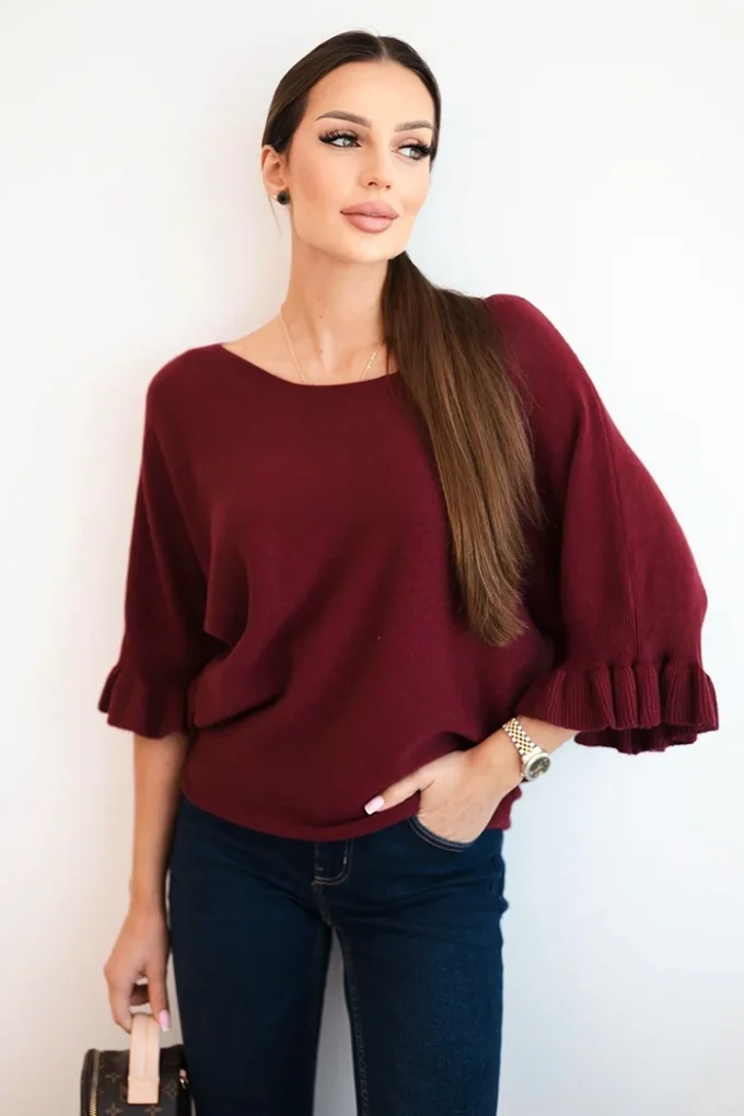 Sweter damski z ozdobnym mankietem bordowy