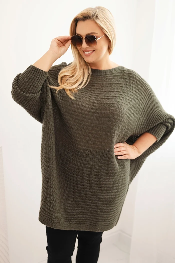 Sweter damski Plus Size z moherem ponczo khaki