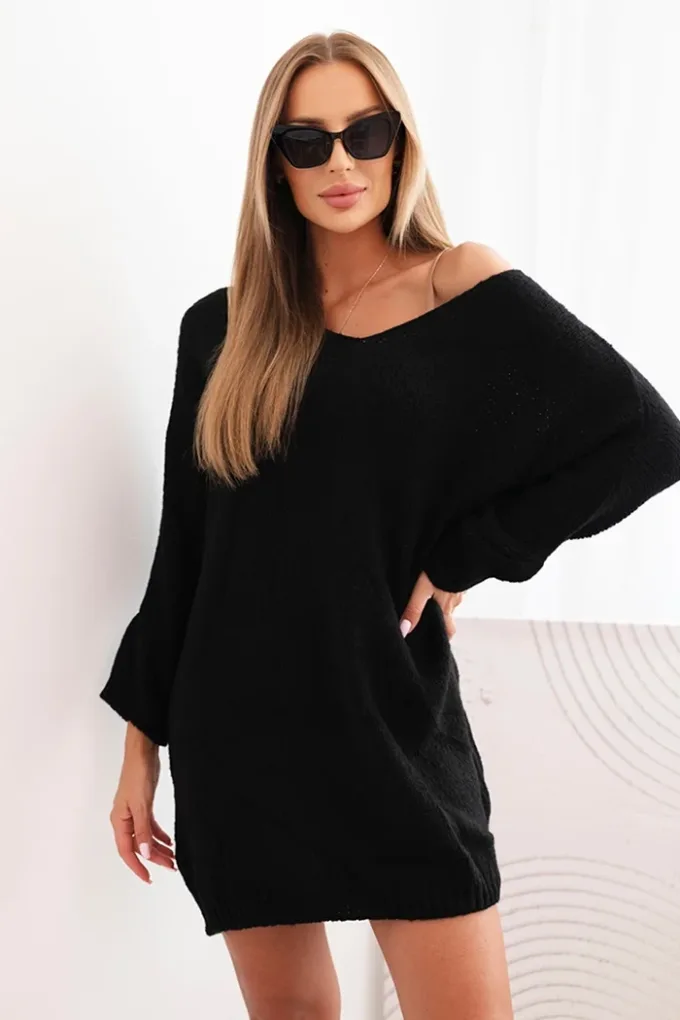 Sukienka damska Plus Size wełniana z dekoltem V czarna