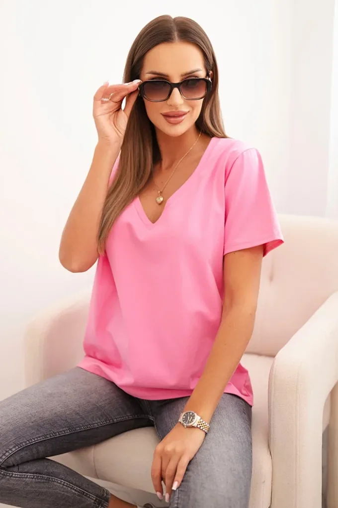 Bluzka damska bawełniana z dekoltem w serek z krótkim rękawem jasno różowa