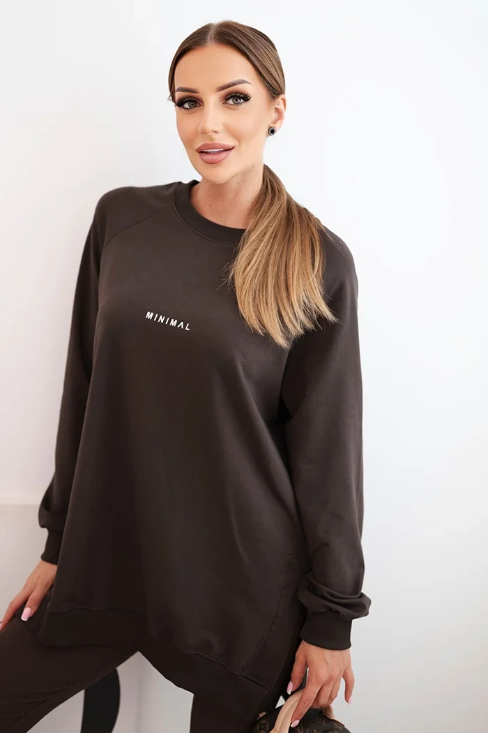 Komplet damski bawełniany bluza i legginsy z napisem Minimal brązowy