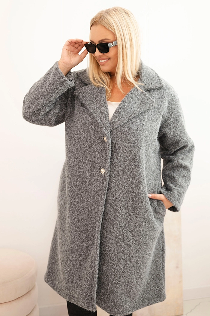 Płaszcz damski Plus Size z wełną i dużym kołnierzem szary