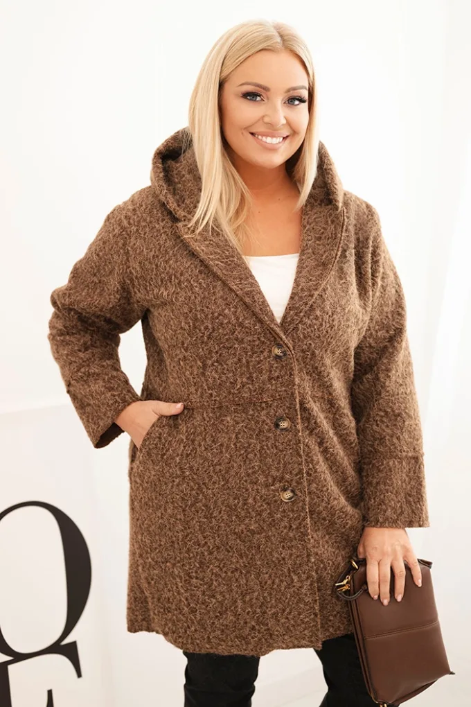 Płaszcz damski Plus Size z kapturem  i kieszeniami brązowy