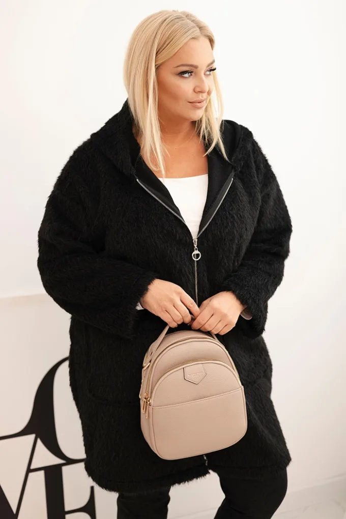 Płaszcz damski Plus Size z wiskozy zapinany na suwak z kapturem czarny