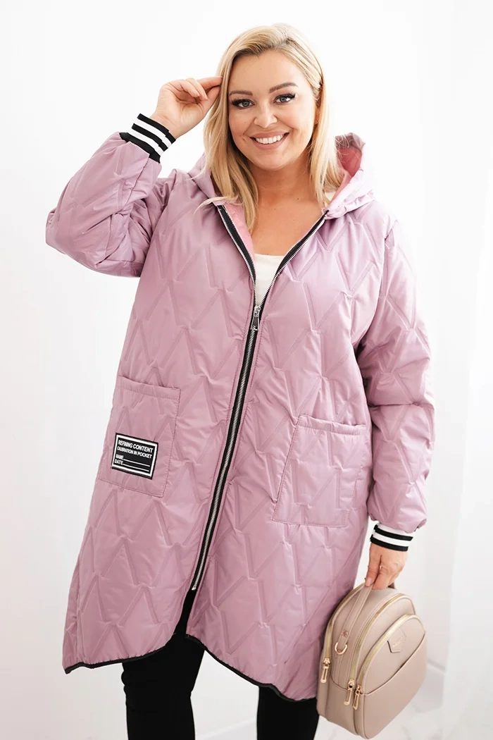 Kurtka damska Plus Size pikowana z kapturem i sportowymi mankietami ciemno różowa