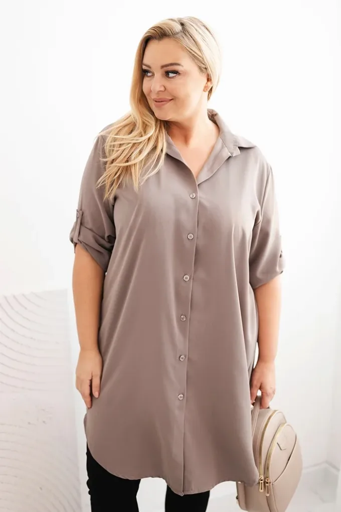 Sukienka damska koszulowa Plus Size z dłuższym tyłem i podwijanym rękawem fango