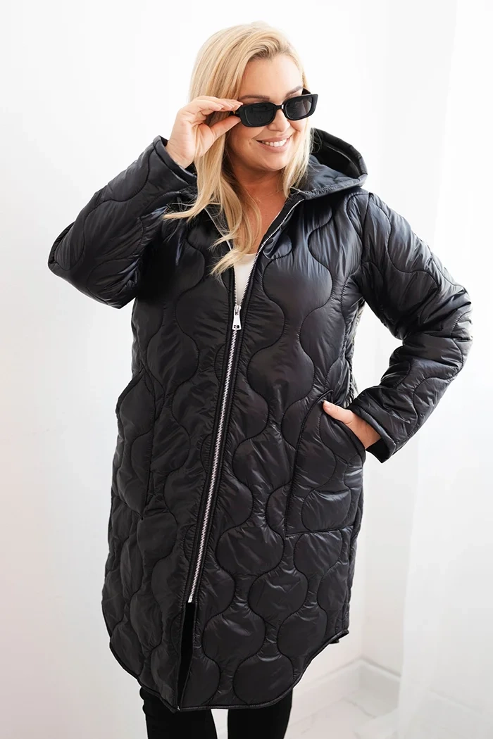 Kurtka damska Plus Size zimowa pikowana z kapturem czarna
