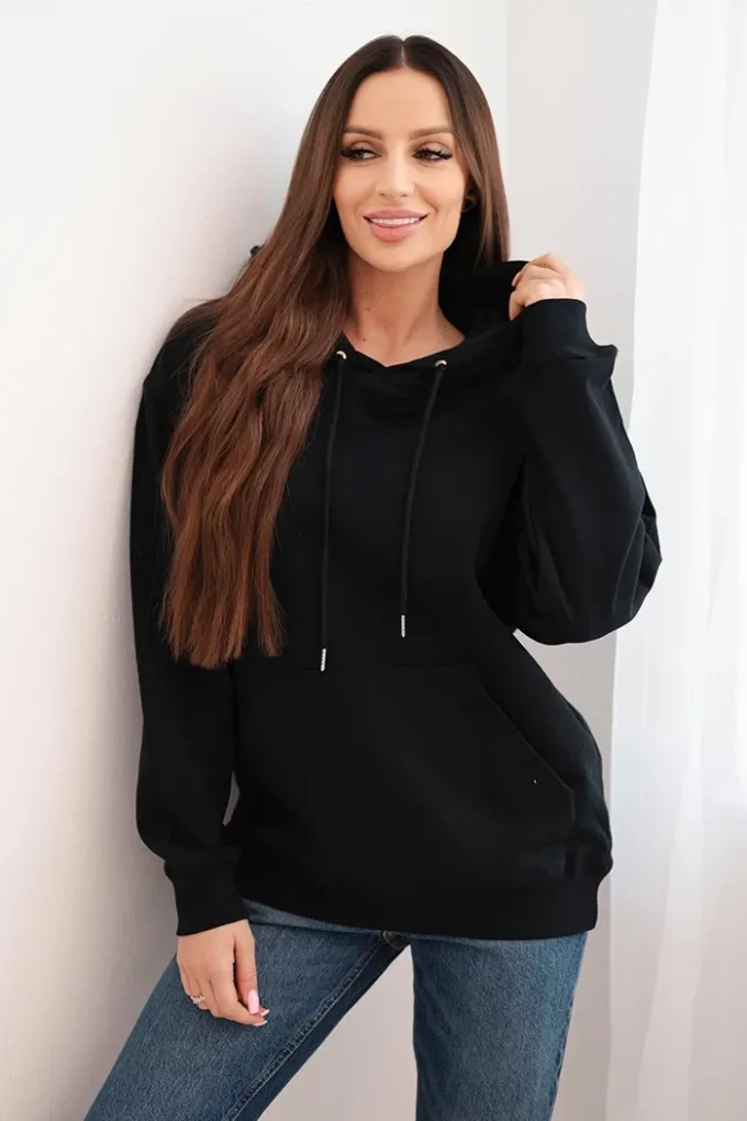 Bluza damska pętelkowa bawełniana z kapturem i kieszenią kangurką czarna