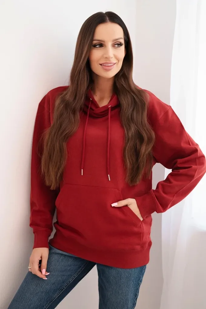 Bluza damska pętelkowa bawełniana z kapturem i kieszenią kangurką bordowa