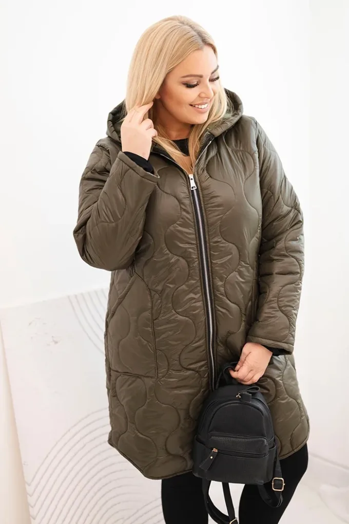 Kurtka damska Plus Size zimowa pikowana z kapturem khaki
