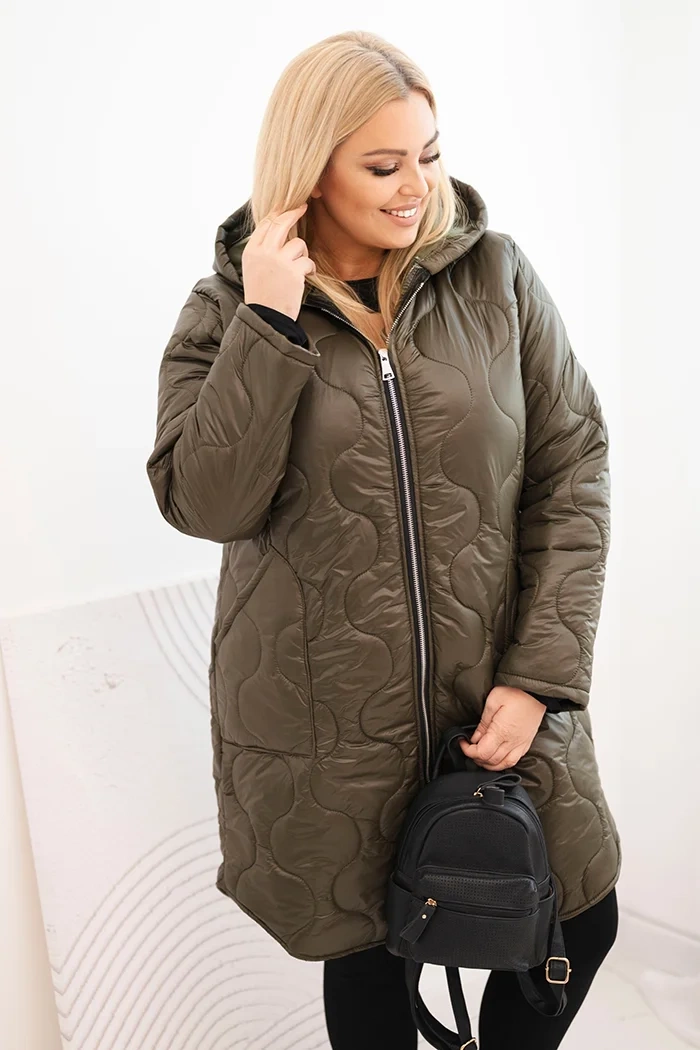 Kurtka damska Plus Size zimowa pikowana z kapturem khaki