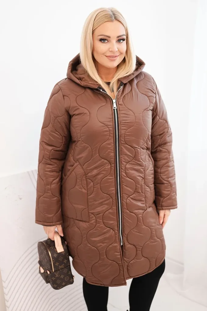 Kurtka damska Plus Size zimowa pikowana z kapturem czekoladowa