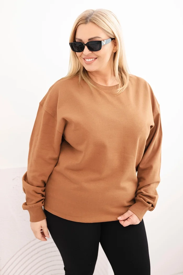 Bluza damska pętelkowa Plus Size bawełniana basic z okrągłym dekoltem camelowa